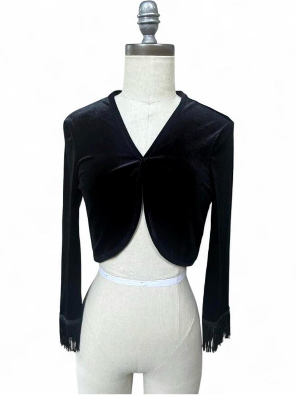 My Michelle vintage black velvet crop bolero w/ fringe details 90’s M